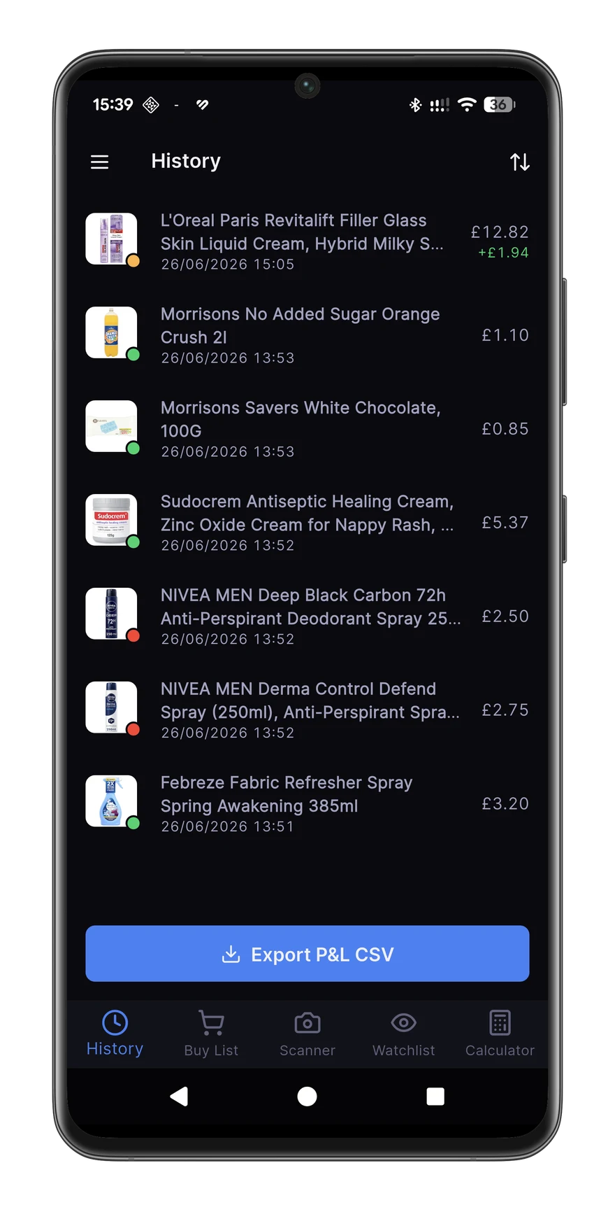 Real Axivelo scan history with UK products and an Export P&L CSV button.
