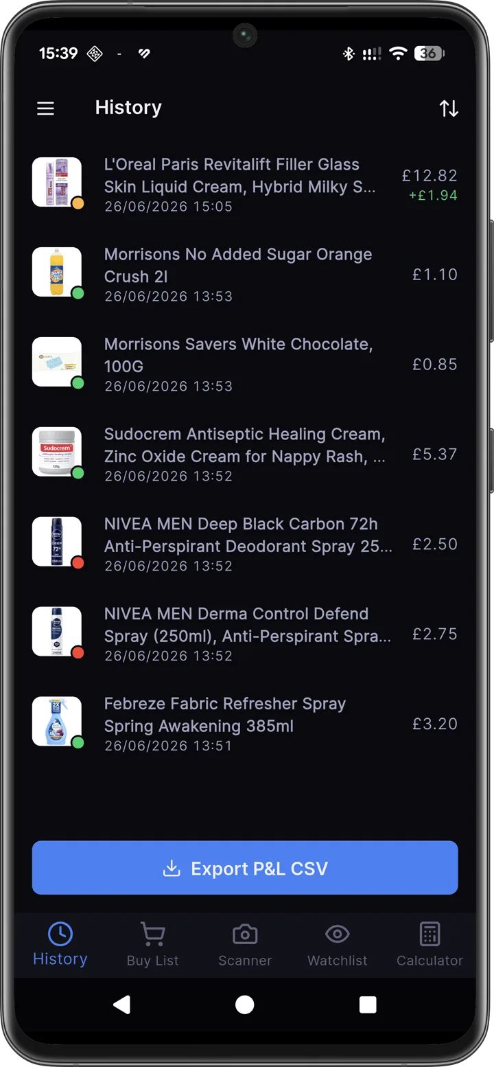 Axivelo scan history with UK products and Export P&L CSV