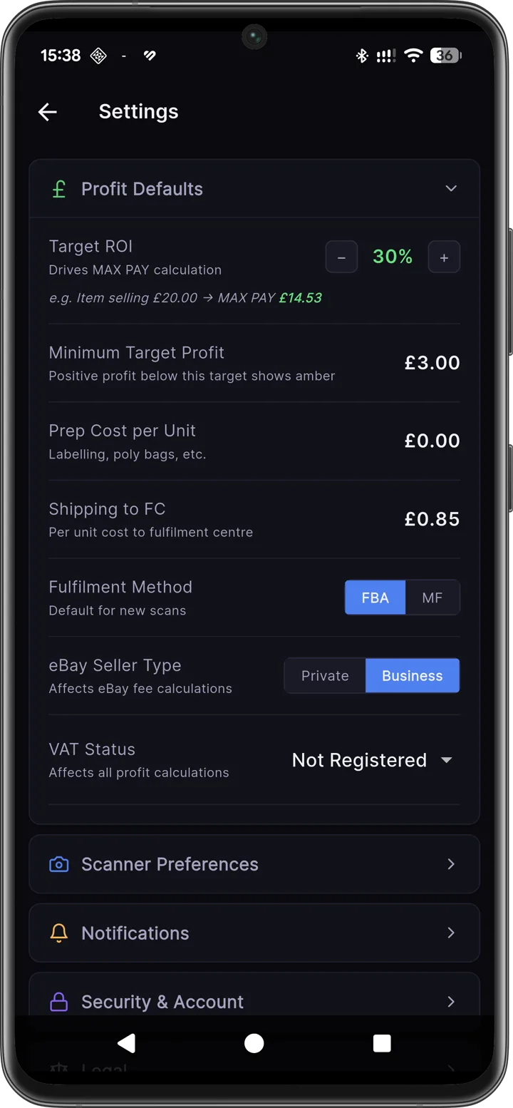 Axivelo profit defaults: target ROI 30%, VAT modes, shipping