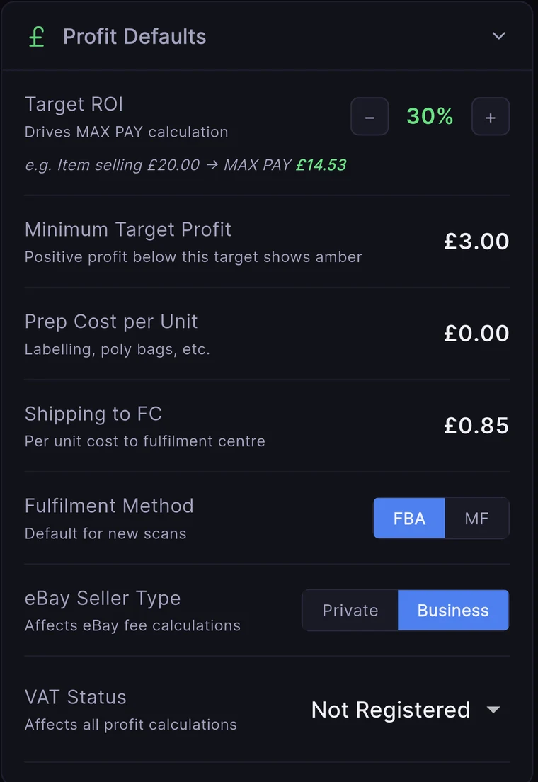 Real Axivelo profit defaults: target ROI 30%, minimum target profit £3, prep cost, shipping to FC £0.85, FBA/MF toggle, eBay seller type and VAT status.