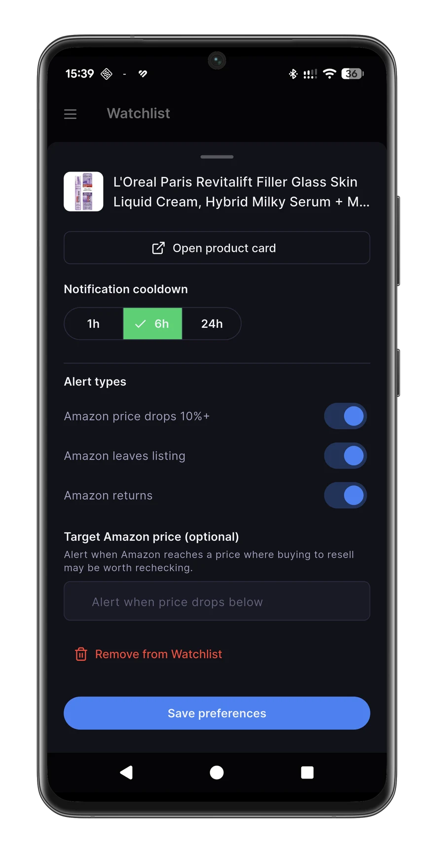 Real Axivelo watchlist alerts: Amazon price drops 10%+, Amazon leaves listing, Amazon returns, target price.